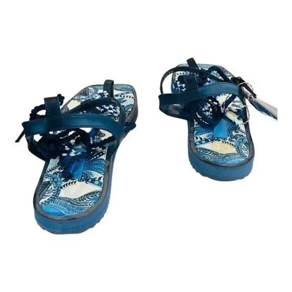 FARM RIO Blue Tile Beaded Flat Lace Up Sandals Blue NEW $260